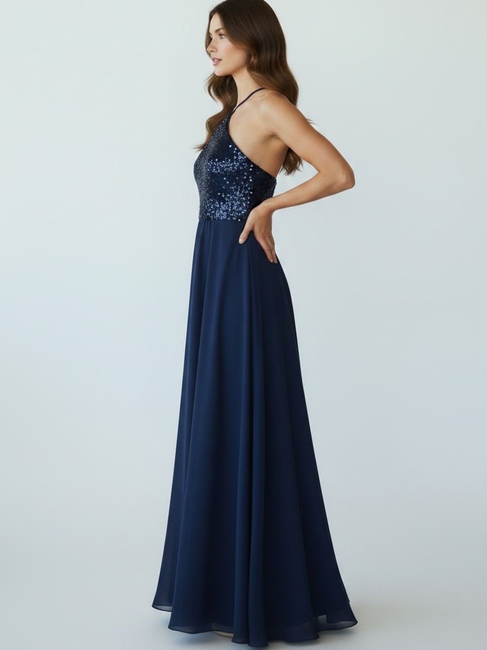 Navy Sequin Halter Formal Gown Maxi Dress Medium - Picture 2 of 7